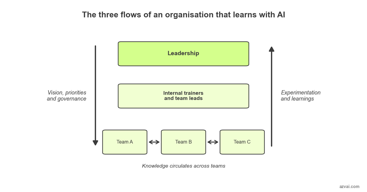 Diagram of the three flows of an organisation learning with AI: vision, priorities and governance flowing down from leadership; experimentation and learnings flowing up from teams; and knowledge circulating across areas.